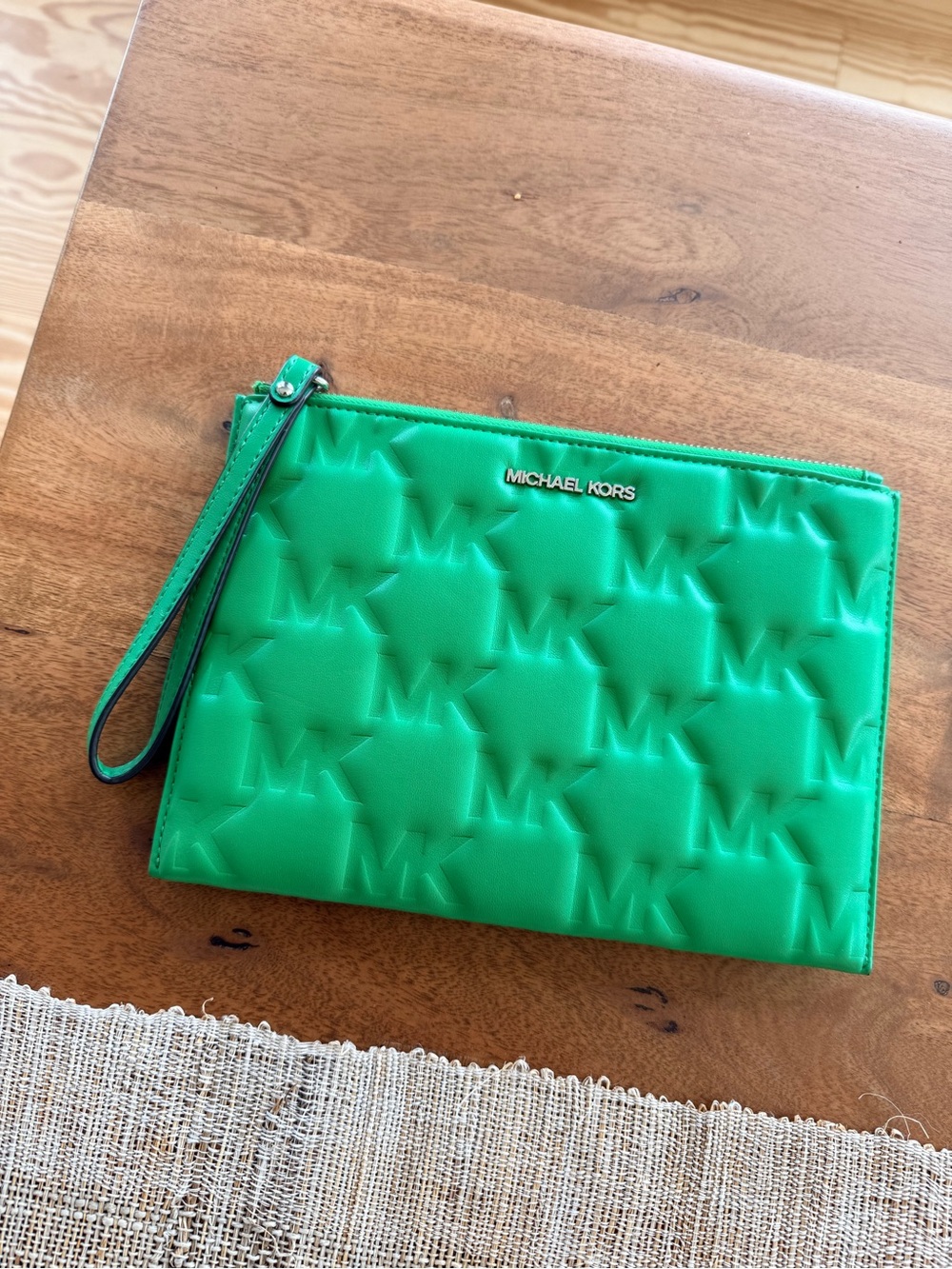 Michael Kors Bright Green Embossed MK Wristlet Clutch